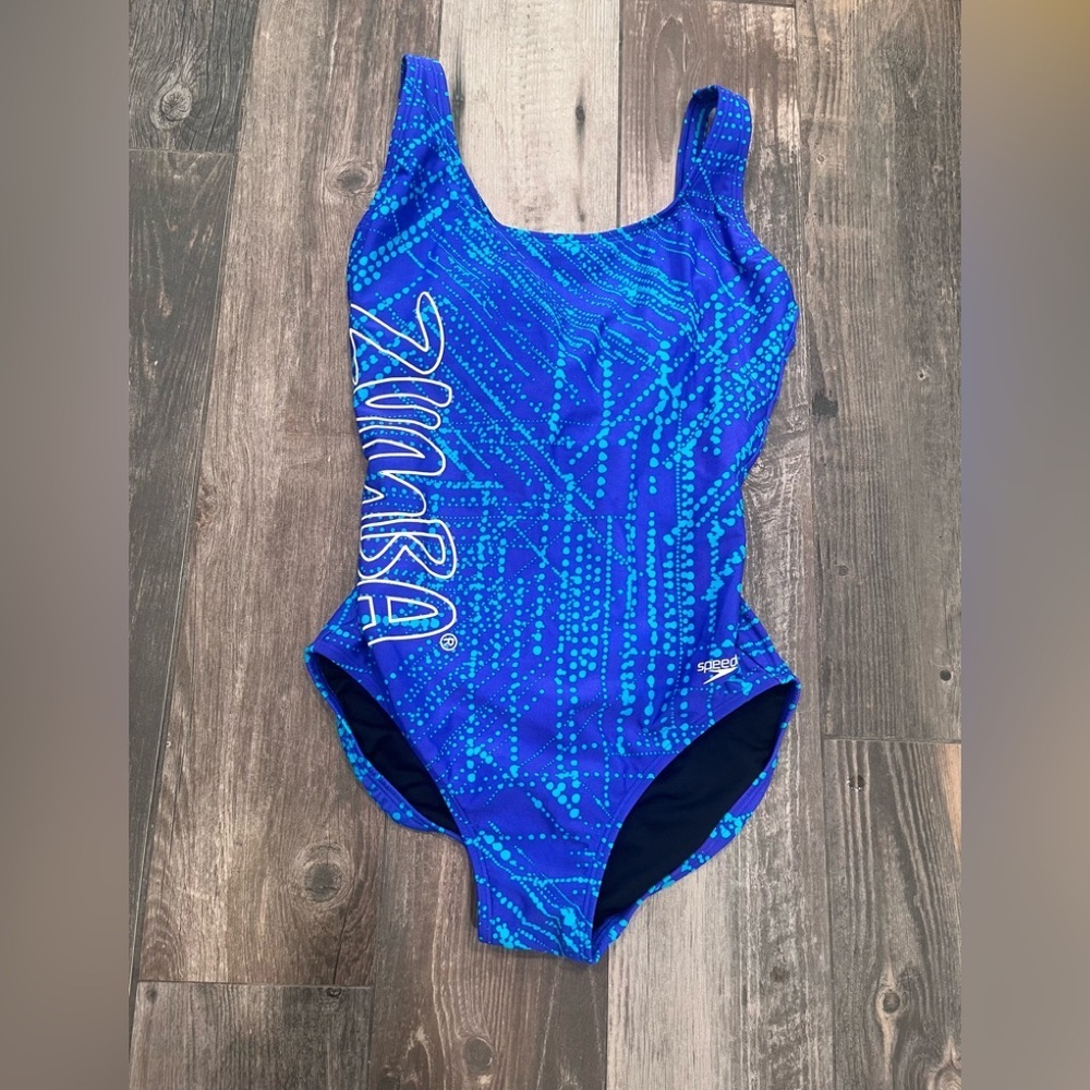 SPEEDO X ZUMBA Aqua Women Swimsuit Blue Geometric Dot Pattern Fringe Size 8